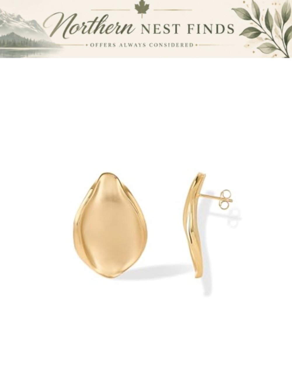 14K Gold Plated Chunky Statement Stud Earrings Women Wavy Organic Satin Finish